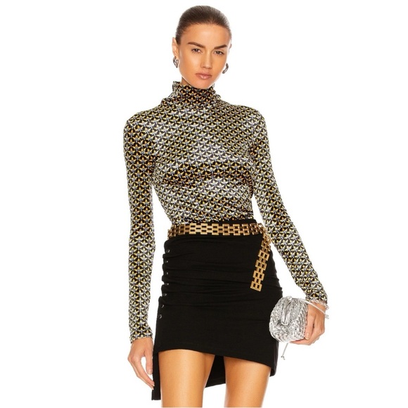 Paco Rabanne Navy Blue Yellow Velvet Velour Printed Turtleneck Mock Neck Top - Picture 3 of 13